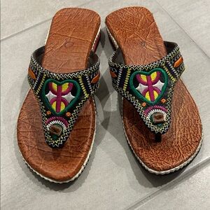 Embroidered Leather Toe-Post Sandals